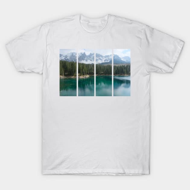 The fabulous alpine lake of Carezza in the Dolomites (Bolzano). Lovely place in the Italian Alps. Reflections in the water. View from the shore. Sunny spring day. Trentino Alto Adige T-Shirt by fabbroni-art